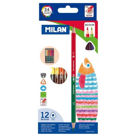 Kredki ołówkowe Milan Bicolor trójkątne, 12 szt, 24 kolory
